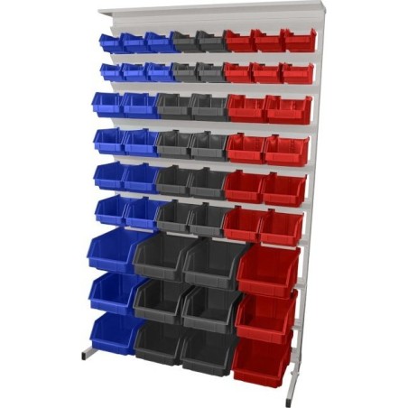 Leomar Regal für Werkstattbehälter, einseitig. Maße: 1560 x 940 x 400 mm, mit Ablage für 52 Behälter, blau, grau, rot