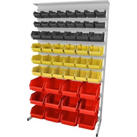 Leomar Regal für Werkstattbehälter, einseitig. Maße: 1560 x 940 x 400 mm, mit Ablage für 52 Behälter, schwarz, gelb, rot