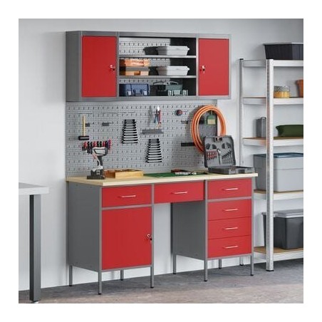 Set aus 7 Arbeitsschränken und einer Wandtafel mit Lochwand von vidaXL – Rot, MDF und Metall