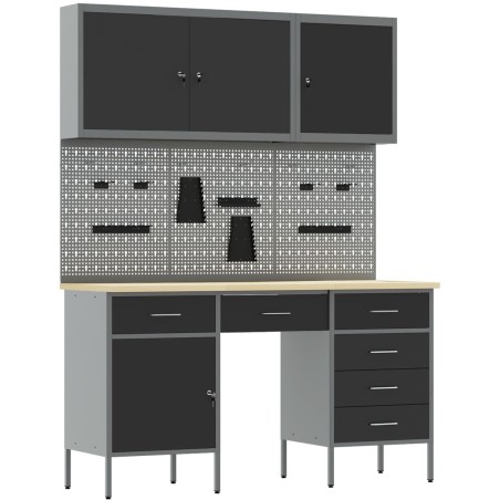8-teiliges Set aus Arbeitsschränken und Lochwand von vidaXL – Schwarz, MDF und Metall