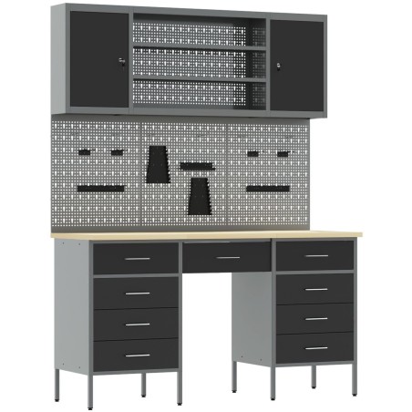 vidaXL Arbeitsset mit Schrank und Lochwand, 7-teilig, schwarzes MDF und Metall
