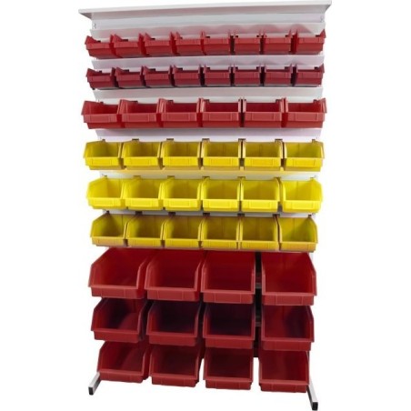 Leomar Regal für Werkstattbehälter, doppelseitig. Maße: 1690 x 940 x 650 mm, mit einer Ablage für 104 Behälter, rot, gelb