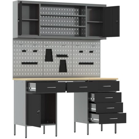 vidaXL Set aus Arbeitsschränken und Lochplatten in Schwarz, aus MDF und Metall