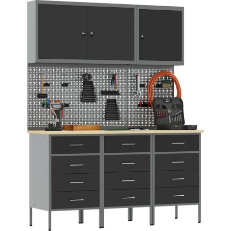 vidaXL Set mit 6 großen Arbeitsschränken aus schwarzem Stahl mit verstellbaren Füßen