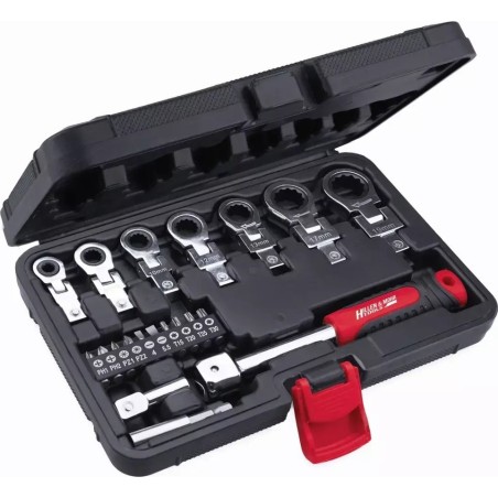 Dedra-Schlagschraubenschlüssel: Winkelschraubenschlüssel mit Ratsche, 6–19 mm, CrV, 20-teilig, mit austauschbaren Aufsätzen