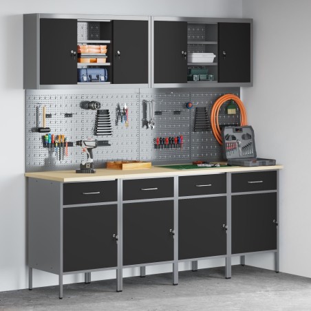 vidaXL Set, 8 Stück, schwarzer Stahl, Holzwerkstoff, 50 x 55 x 85 cm