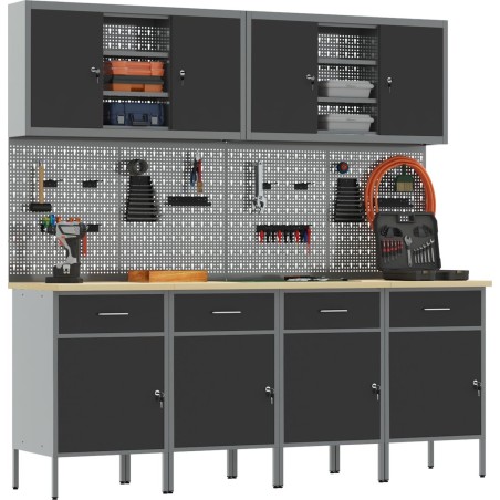 vidaXL Set, 8 Stück, schwarzer Stahl, Holzwerkstoff, 50 x 55 x 85 cm