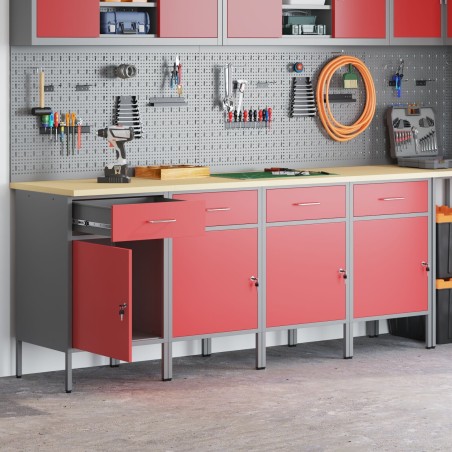 vidaXL Set mit 4 roten Arbeitsschränken aus Stahl mit verstellbaren Beinen