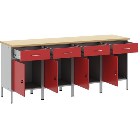 vidaXL Set mit 4 roten Arbeitsschränken aus Stahl mit verstellbaren Beinen