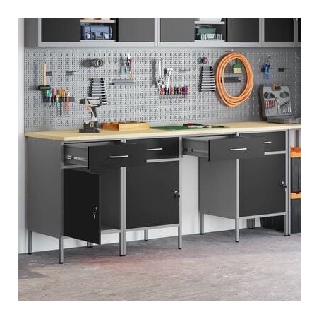 VidaXL 4-teiliges Set: Arbeitsschrank und Tisch, schwarz, Stahl und Holzwerkstoff