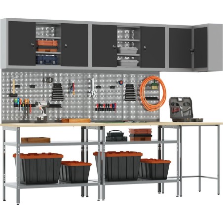 vidaXL Set mit 9 mittelgroßen, verstellbaren Werkbänken in Stahlgrau