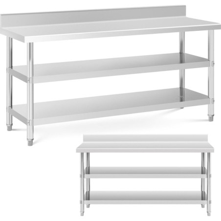 Wandmontierter Arbeitstisch aus Edelstahl mit Aufkantung und 2 Ablagen, 180 x 60 cm