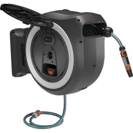 Gardena GARDENA Akku-Wandschlauchbox PowerRoll XL 18 V P4A, 35 Meter, Schlauchaufroller (grau/weiß, Li-Ionen-Akku 2,5 Ah, POWE