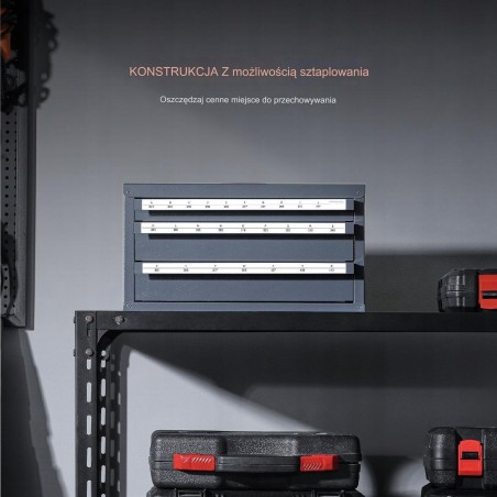 Bohrerschrank mit 3 Schubladen und 27 Fächern