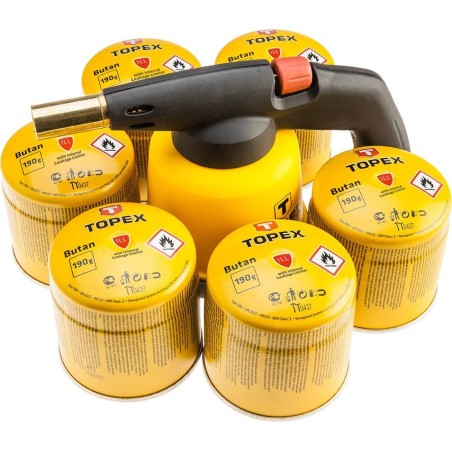 Topex GASLÖTLAMPE FÜR GASKARTUSCHEN + 6 GASKARTUSCHEN MIT VENTIL 44E148 TOPEX