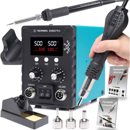 2-in-1-Lötstation mit Lötkolben und Heißluft, Techrebal 8586D Pro, 760 W, 3 Düsen