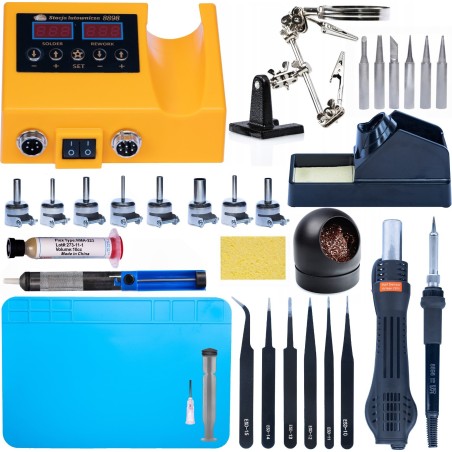 Rosfix Lötstation, Lötspitzen, Düsen, Absaugvorrichtung, dritte Hand, Flussmittel, Pinzette, Reinigungswerkzeug