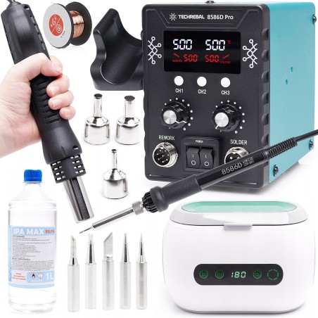 Set: 2-in-1-Lötstation Techrebal 8586, Ultraschallreiniger, Zubehör