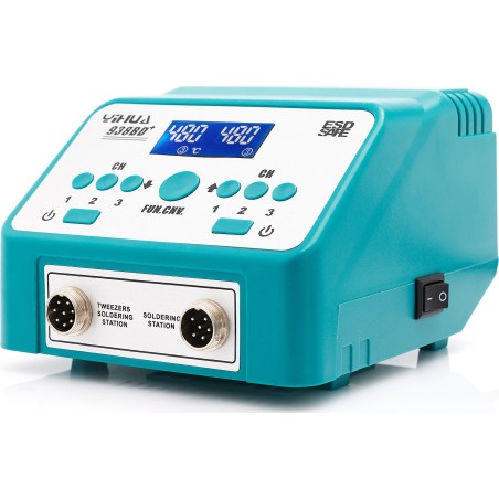 Lötstation Yihua 938BD+ mit Thermopinzette, Leiterplattenhalter, Flussmittel und Kapton-Pinzette