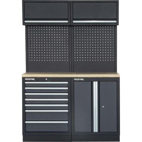 Costway Feistos Werkstattausstattung Werkzeugschrank Apollo 5 mit Lochwand Grau/Schwarz 136 x 46 x 200 cm