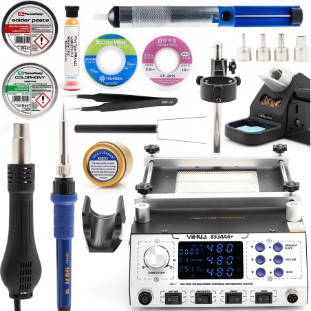 Set: 3-in-1-Lötstation Yihua 853AAA + Lötzinn + Lötlitze + Zubehör von Techrebal