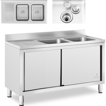 Royal Catering Zweikammer-Gastronomie-Spülbecken mit Schrank mit Schiebetüren 140 x 70 x 95 cm Gastronomie-Spülbecken