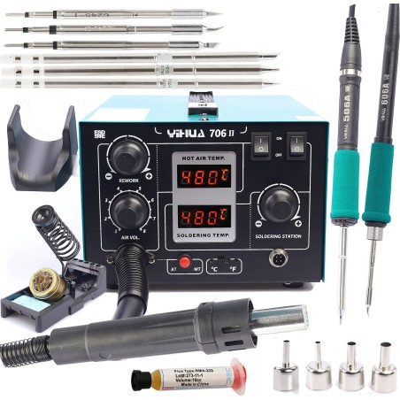 2-in-1-Lötstation mit Heißluft, Lötspitzen T12 und C245, Yihua 706 II, 2 Lötkolben