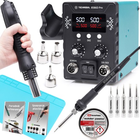 Set: 2-in-1-Heißluft-Lötstation 8586, 760 W, Lötmatte, Lötspitzen, Flussmittel
