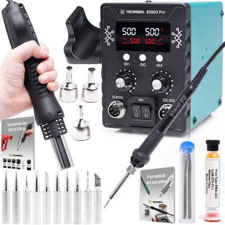 Set: 2-in-1-Heißluft-Lötstation 8586, 760 W, Lötkolben, Lötspitzen, Düsen von Techrebal