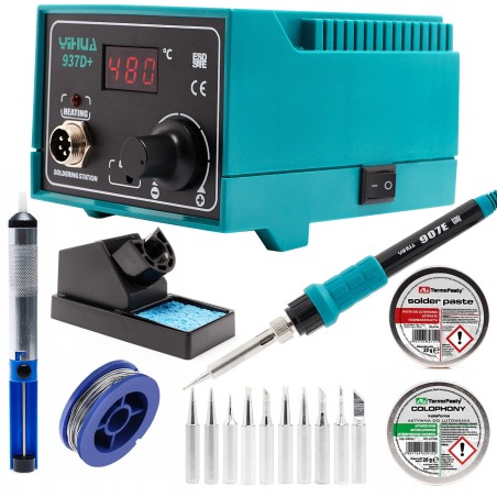 Set: Lötstation Yihua 937D+  Kolophonium, Lötpaste, Zinn, Absaugvorrichtung, 10 Lötspitzen
