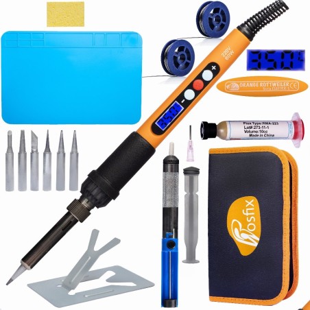 Rosfix Lötkolben mit Display, Lötspitzen, Lötmatte, Zinn, Absaugvorrichtung, Federhalter, Schwamm, Flussmittel