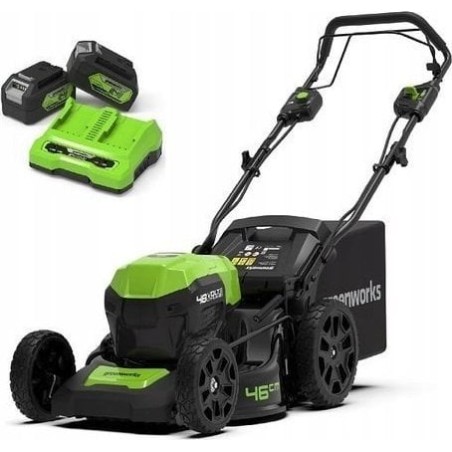 Greenworks 2x24-V-Akku-Rasenmäher mit 46-cm-Mähwerk G24X2LM46SPK4X – Set mit Dual-Ladegerät + 2 Akkus à 4 Ah