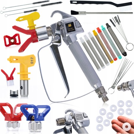 Rosfix Lackierpistole für Kompressor mit Düse 517 + Edelstahlschutz + Stabfilter 30/60/70/100/200 Mesh + 10x Dichtung