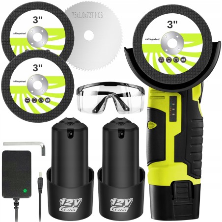 Akku-Winkelschleifer mit Bürsten, MINI-Gummi-Ausführung, 2 Akkus, 3 Flex-Scheiben