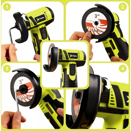 Akku-Winkelschleifer mit Bürsten, MINI-Gummi-Ausführung, 2 Akkus, 3 Flex-Scheiben