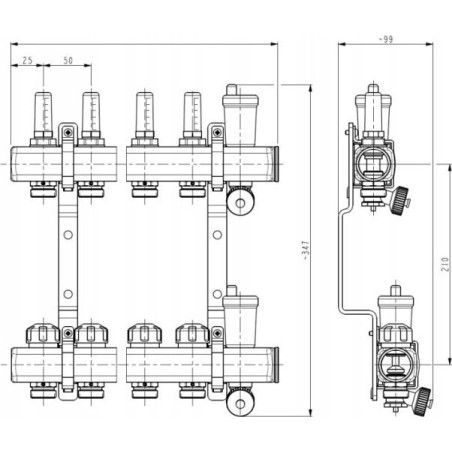 Kisan KRPTp – Verteiler 1" für Flächen- und Heizkörperheizungen mit 3/4"-Ausgang nach Eurokonus-Norm KRPTp 11 [1]