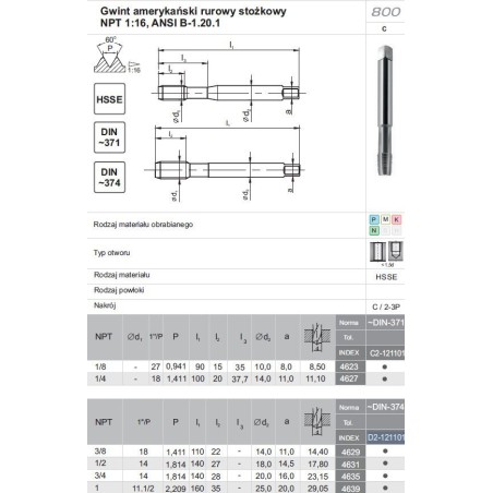 Fanar Gewindebohrer NPT 1"-11,5 DIN-374C HSSE 800
