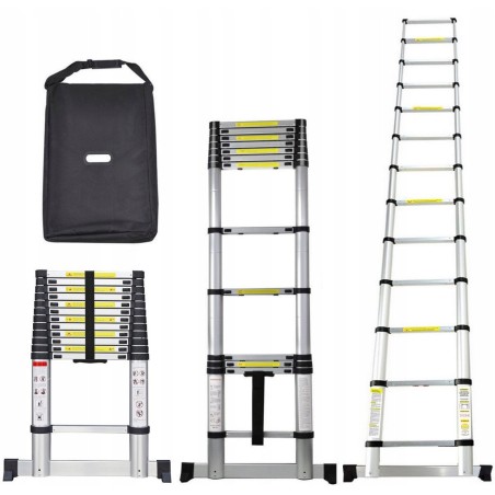 TELESKOPLEITER 3,8 m, Aluminium, ausziehbar + Stützfuß und Schutzhülle