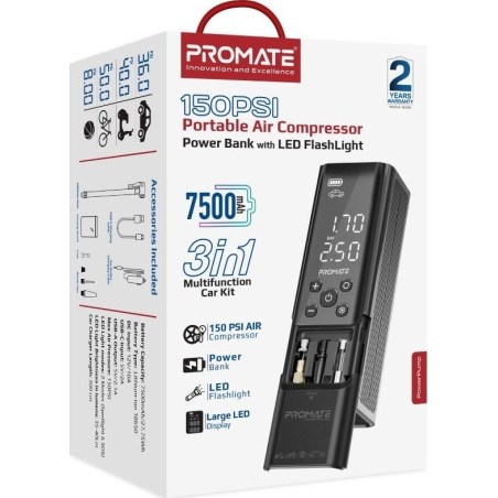 Promate PowerPump – tragbarer elektrischer Luftkompressor, 7500 mAh / 150 PSI