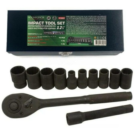 ROCKFORCE 12-teiliges Schlagschraubenschlüsselset, 1/2", 12-kant (10–24 mm)