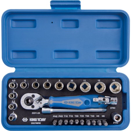 King Tony Werkzeugset 1/4" 27-teilig. Kurze Steckschlüsseleinsätze, 12-kant, 4–14 mm, mit Ratsche und Zubehör, King T-Kassette