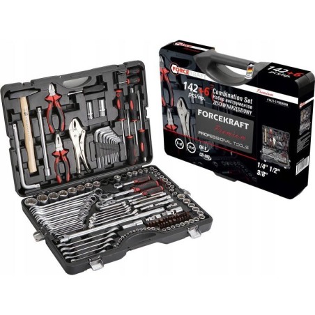 Forcekraft-Werkzeugsatz, 142 + 6-teilig, 1/4" & 3/8" & 1/2" (4–36 mm) (6- und 12-kant)