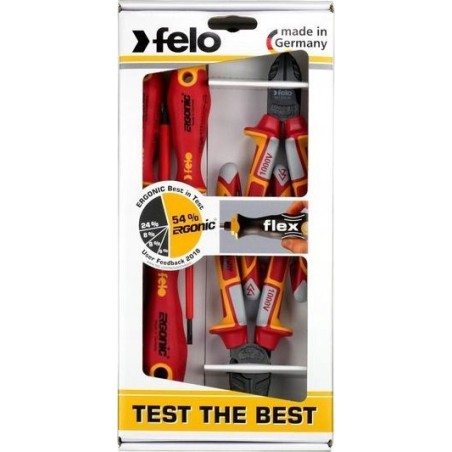 Felo-Werkzeugset Set mit 3 FELO-Schraubendrehern – ERGONIC VDE 4,0/PH1/PH2 + VDE-Seitenschneider 160 / VDE-Zange 180 + Magnet