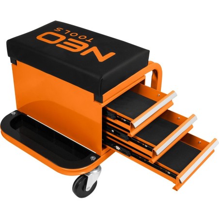 Werkstatthocker auf Rollen mit Schubladen für Werkzeuge