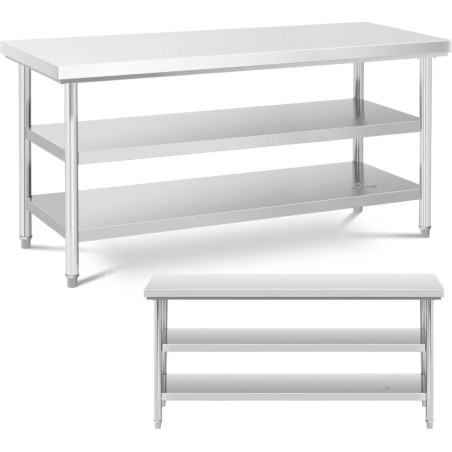 Royal Catering Arbeitsplatte aus Stahl, zentral, 2 Ablagen, 180 x 70 cm, bis 600 kg Arbeitsplatte aus Stahl, zentral, 2 Ablagen, 180