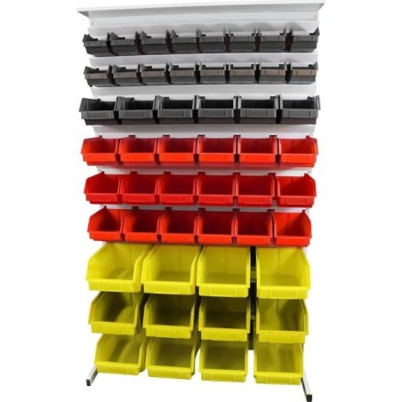 Leomar Regal für Werkstattbehälter, doppelseitig. Maße: 1690 x 940 x 650 mm, mit einer Ablage für 104 Behälter, schwarz, rot, gelb