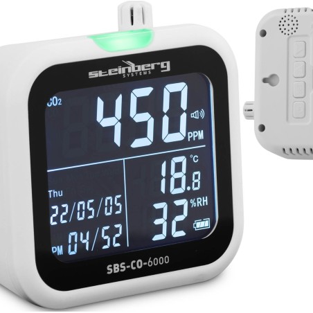 Steinberg CO2-, Temperatur- und Feuchtigkeitsmessgerät mit Datums- und Zeitanzeige, 1–99 %, -20–60 °C CO2-, Temperatur- und Feuchtigkeitsmessgerät