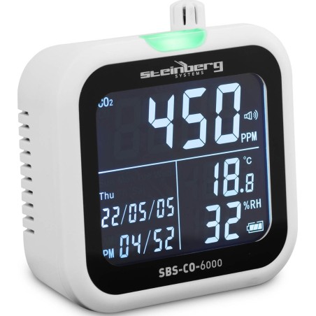 Steinberg CO2-, Temperatur- und Feuchtigkeitsmessgerät mit Datums- und Zeitanzeige, 1–99 %, -20–60 °C CO2-, Temperatur- und Feuchtigkeitsmessgerät