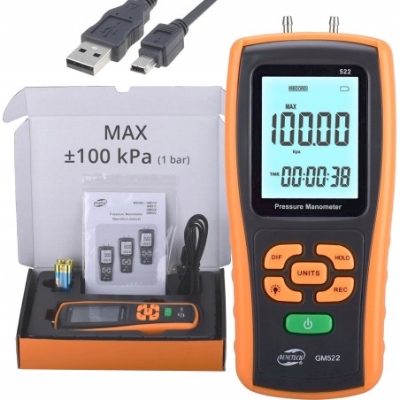 DIGITALES DIFFERENZDRUCKMESSGERÄT – DRUCKMESSER – UNTERDRUCKTESTER MIT USB-ANSCHLUSS, 100 kPa