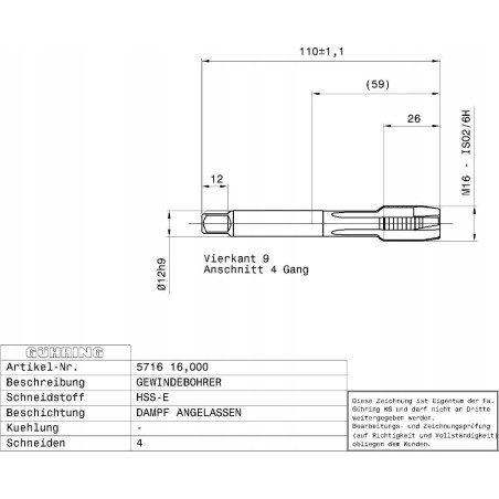 Gewindeschneidmaschine GUHRING HSS-E 5716 DIN 376 M16 x 2,0